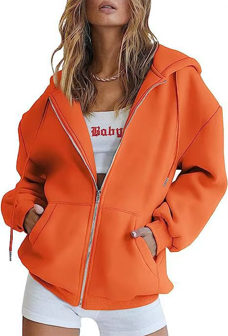 Hip Hop Street Casual Women Sweatshirt Coats Autumn Female Hoody Zip up Pocket Loose Solid Color Cardigan Hoodie