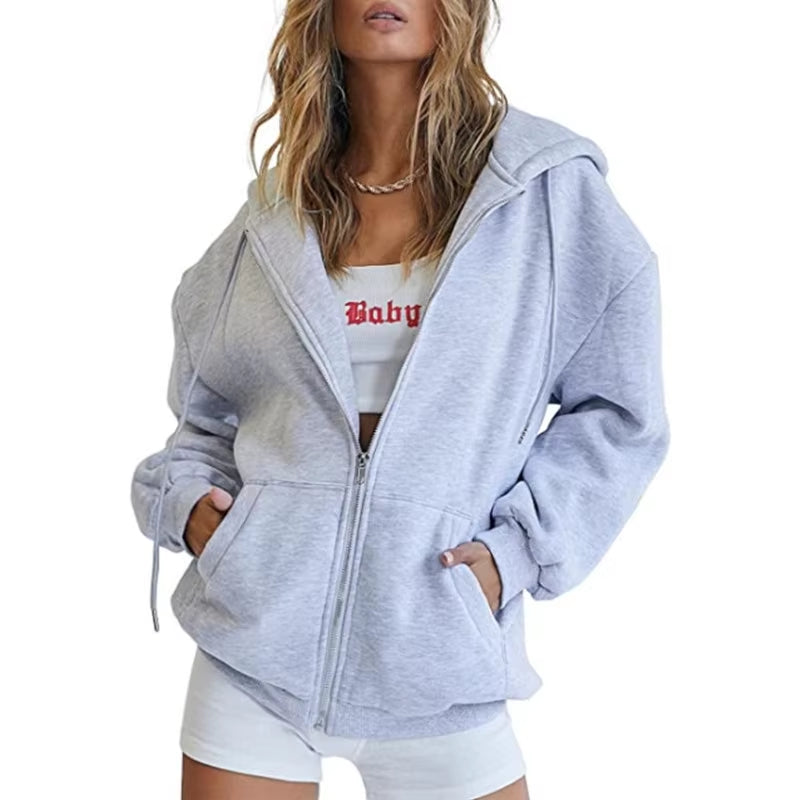Hip Hop Street Casual Women Sweatshirt Coats Autumn Female Hoody Zip up Pocket Loose Solid Color Cardigan Hoodie