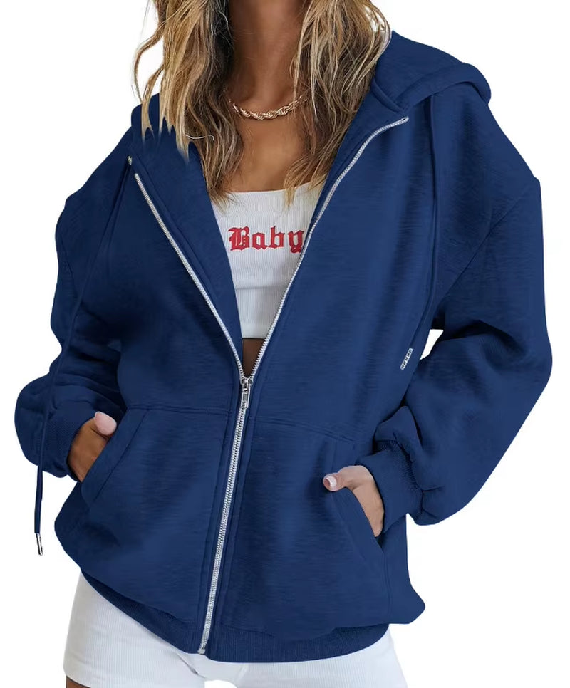 Hip Hop Street Casual Women Sweatshirt Coats Autumn Female Hoody Zip up Pocket Loose Solid Color Cardigan Hoodie