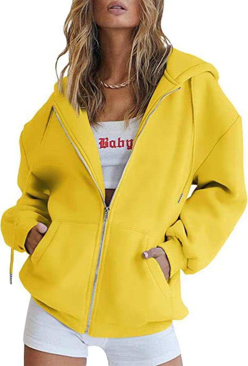 Hip Hop Street Casual Women Sweatshirt Coats Autumn Female Hoody Zip up Pocket Loose Solid Color Cardigan Hoodie