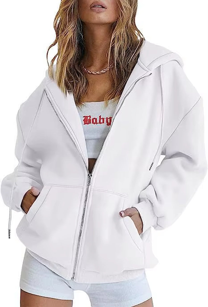Hip Hop Street Casual Women Sweatshirt Coats Autumn Female Hoody Zip up Pocket Loose Solid Color Cardigan Hoodie