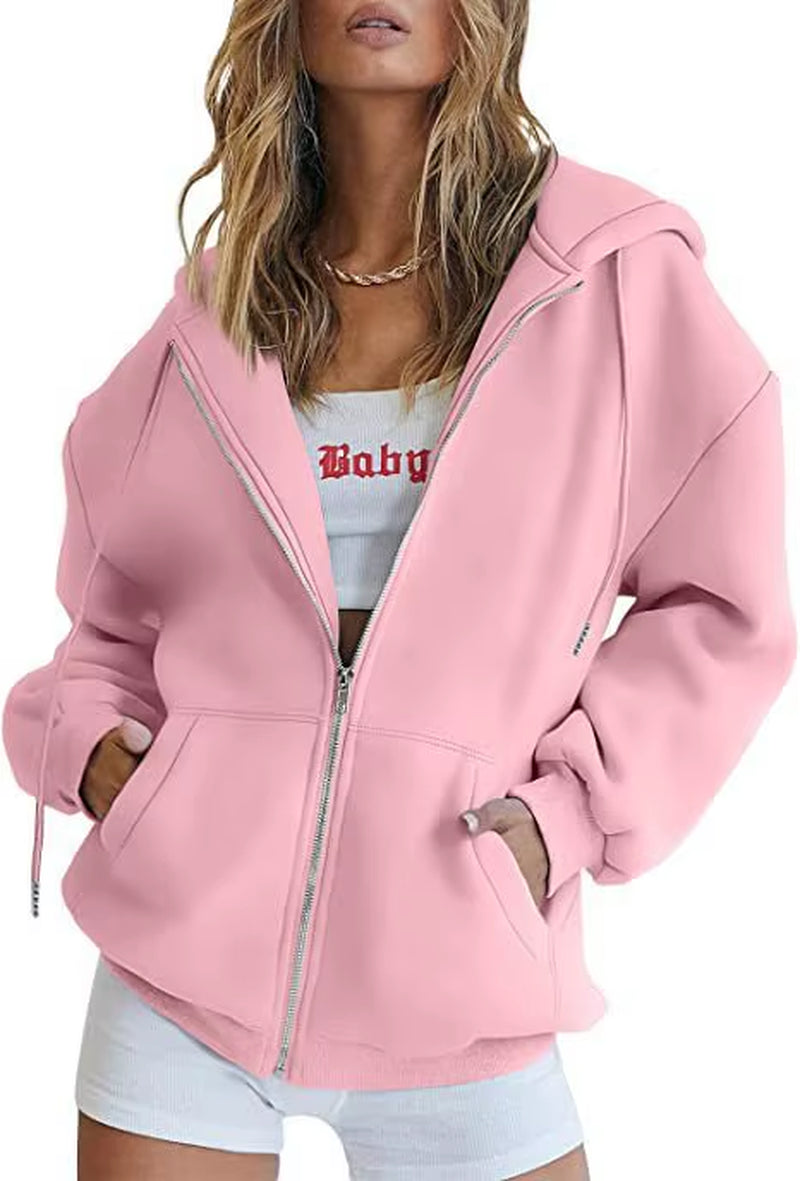 Hip Hop Street Casual Women Sweatshirt Coats Autumn Female Hoody Zip up Pocket Loose Solid Color Cardigan Hoodie