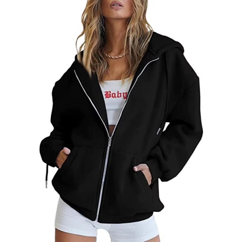 Hip Hop Street Casual Women Sweatshirt Coats Autumn Female Hoody Zip up Pocket Loose Solid Color Cardigan Hoodie