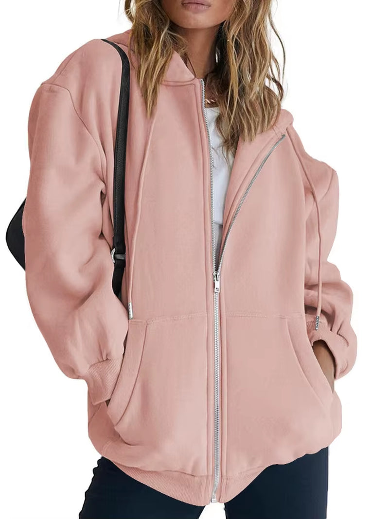 Hip Hop Street Casual Women Sweatshirt Coats Autumn Female Hoody Zip up Pocket Loose Solid Color Cardigan Hoodie