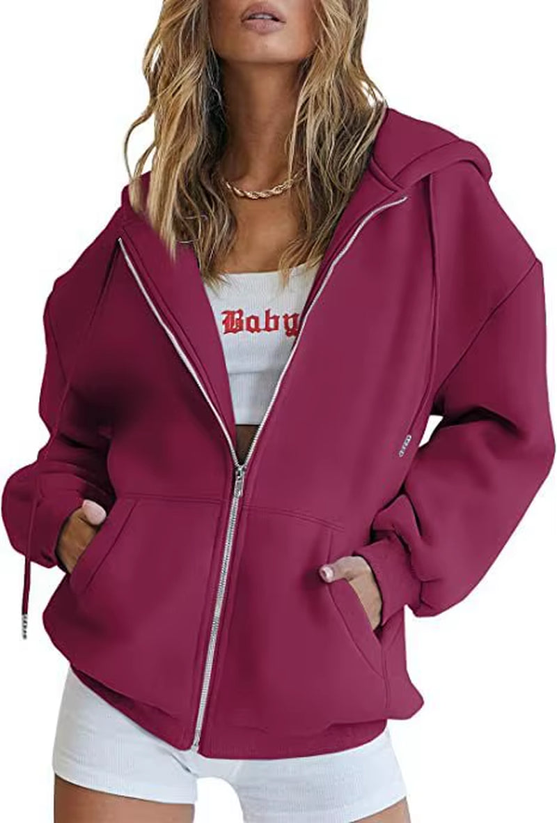 Hip Hop Street Casual Women Sweatshirt Coats Autumn Female Hoody Zip up Pocket Loose Solid Color Cardigan Hoodie
