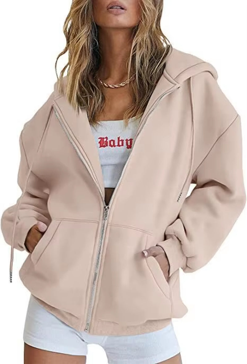Hip Hop Street Casual Women Sweatshirt Coats Autumn Female Hoody Zip up Pocket Loose Solid Color Cardigan Hoodie
