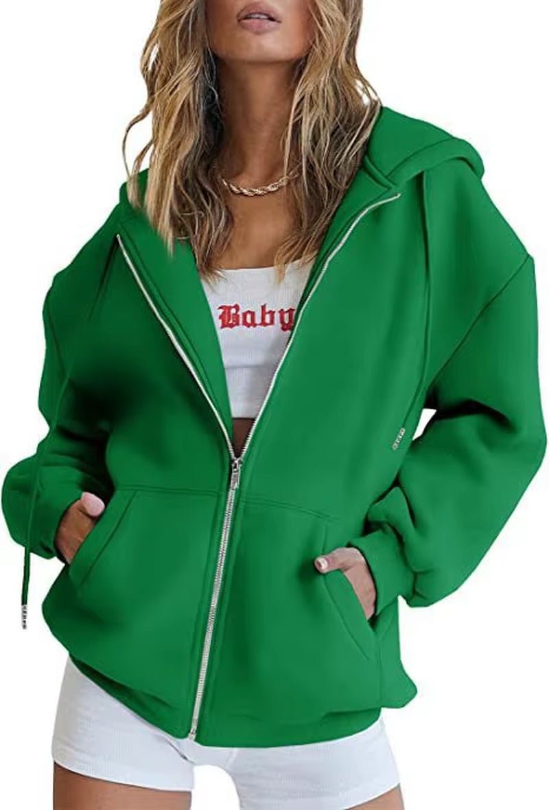 Hip Hop Street Casual Women Sweatshirt Coats Autumn Female Hoody Zip up Pocket Loose Solid Color Cardigan Hoodie