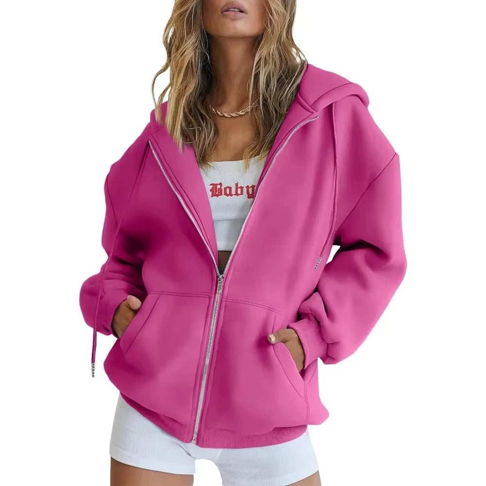 Hip Hop Street Casual Women Sweatshirt Coats Autumn Female Hoody Zip up Pocket Loose Solid Color Cardigan Hoodie