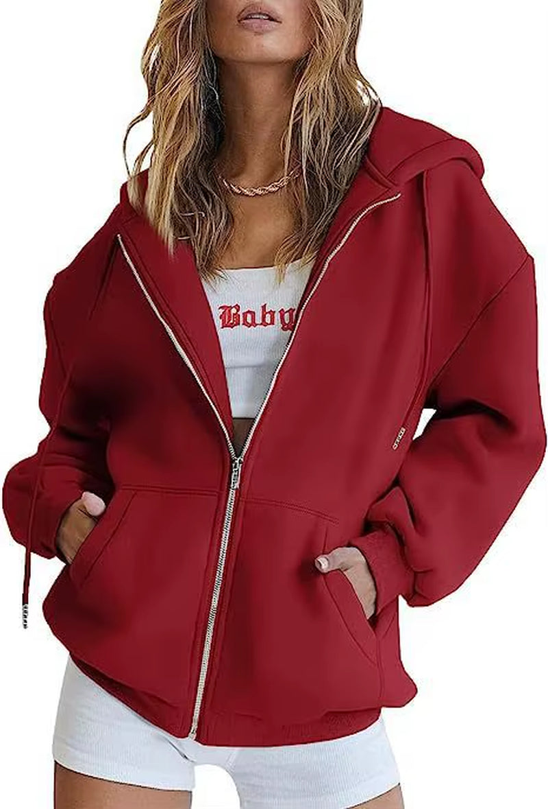 Hip Hop Street Casual Women Sweatshirt Coats Autumn Female Hoody Zip up Pocket Loose Solid Color Cardigan Hoodie