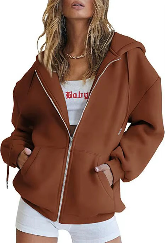 Hip Hop Street Casual Women Sweatshirt Coats Autumn Female Hoody Zip up Pocket Loose Solid Color Cardigan Hoodie