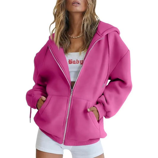 Hip Hop Street Casual Women Sweatshirt Coats Autumn Female Hoody Zip up Pocket Loose Solid Color Cardigan Hoodie